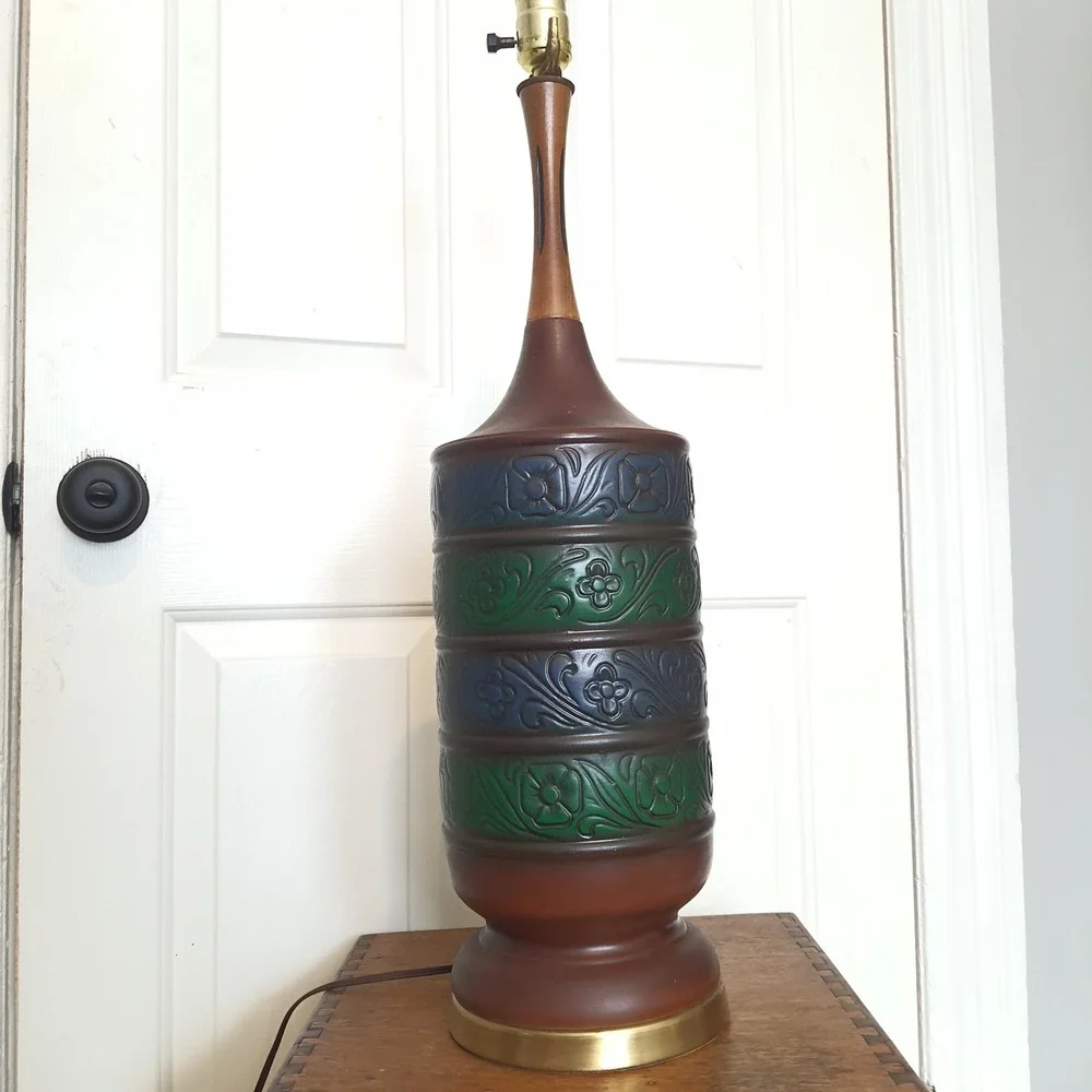 Vintage Embossed Ceramic Lamp Base – Blue & Green Floral Bands – Mid-Century